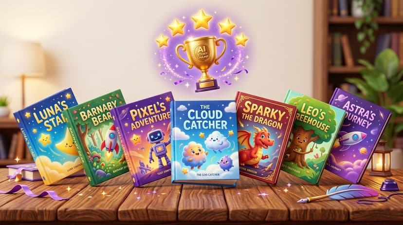Colorful AI-generated children's storybooks fanned out on a wooden table with a golden trophy and star ratings