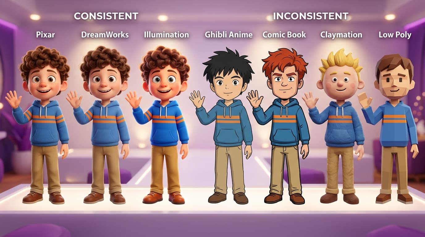 Side-by-side comparison of consistent and inconsistent AI-generated cartoon character across seven different art styles