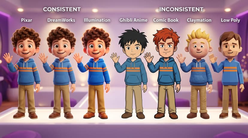 Side-by-side comparison of consistent and inconsistent AI-generated cartoon character across seven different art styles