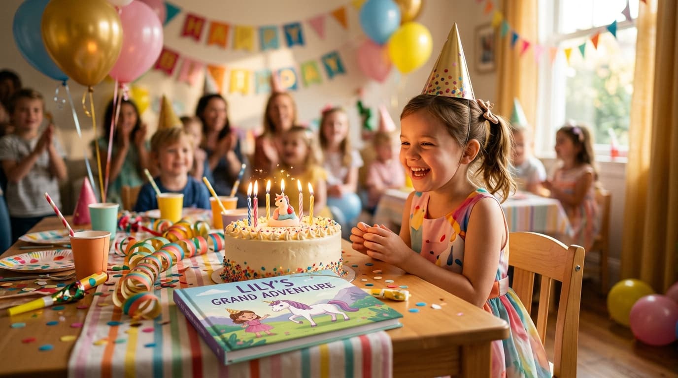 Child celebrating birthday with a personalized storybook