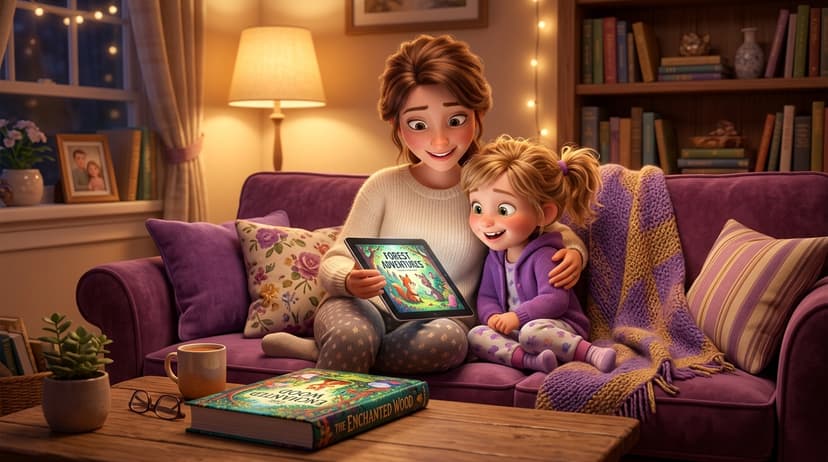 Parent and child sitting on a couch reading a personalized AI storybook on a tablet with a printed hardcover book nearby