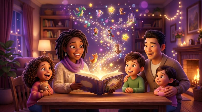 Diverse family of parents and children gathered around a glowing storybook with magical characters floating from the pages