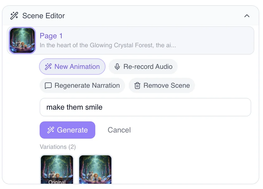 Scene editor showing prompt-based animation editing with 'make them smile' instruction and animation variations