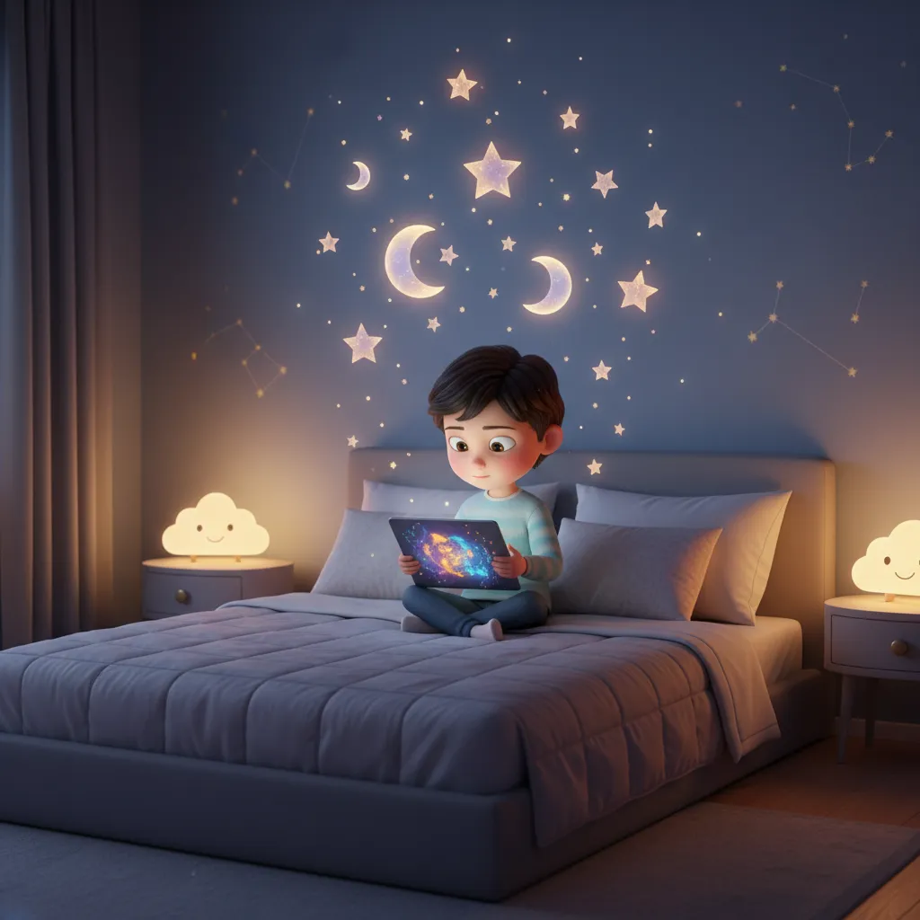 Child watching an animated bedtime story video created from family photos on a tablet