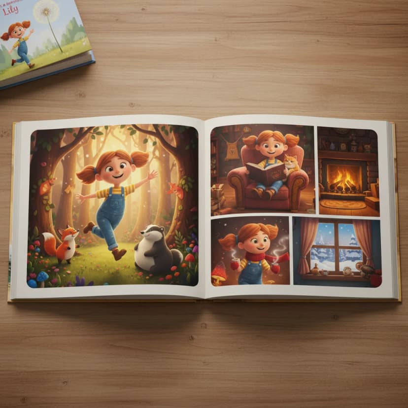 AI-generated children's book character shown consistently across multiple storybook pages and scenes