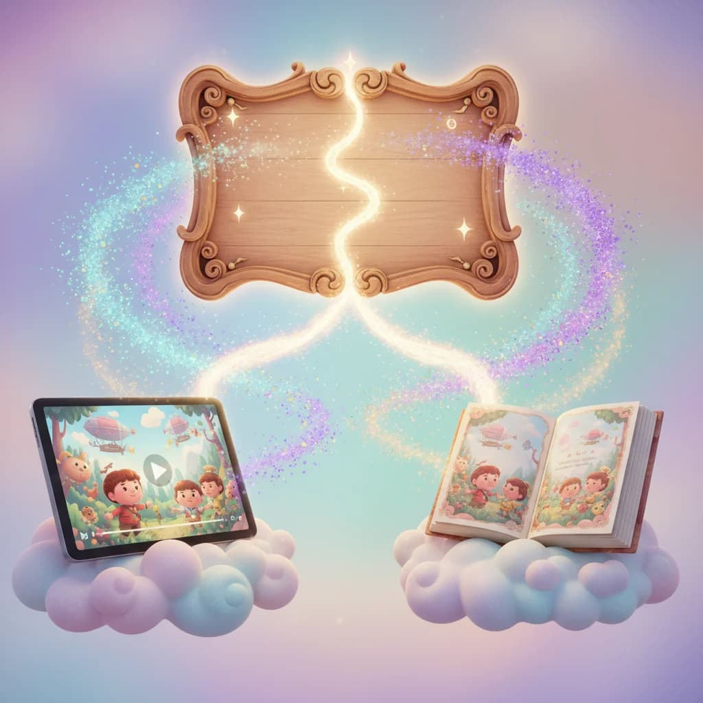 One personalized story shown as both an animated video on a tablet and a printed hardcover children's book