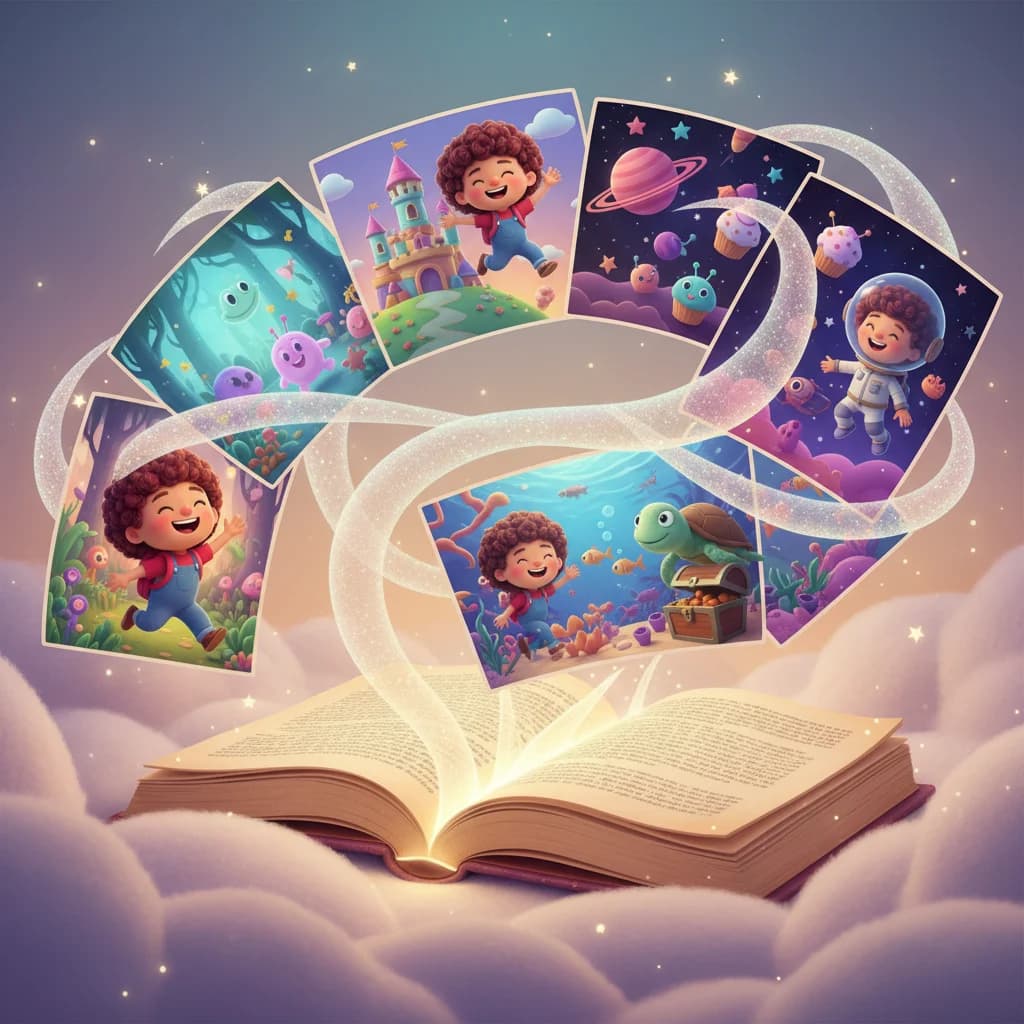 Step-by-step scene editing interface showing AI-illustrated children's storybook pages being refined