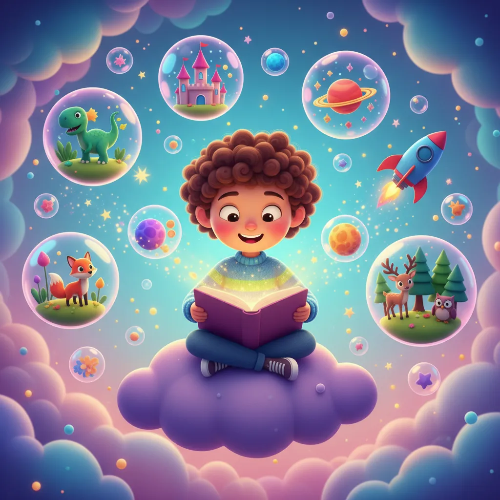 Collection of personalized bedtime story themes for children including space, underwater, and fantasy adventures
