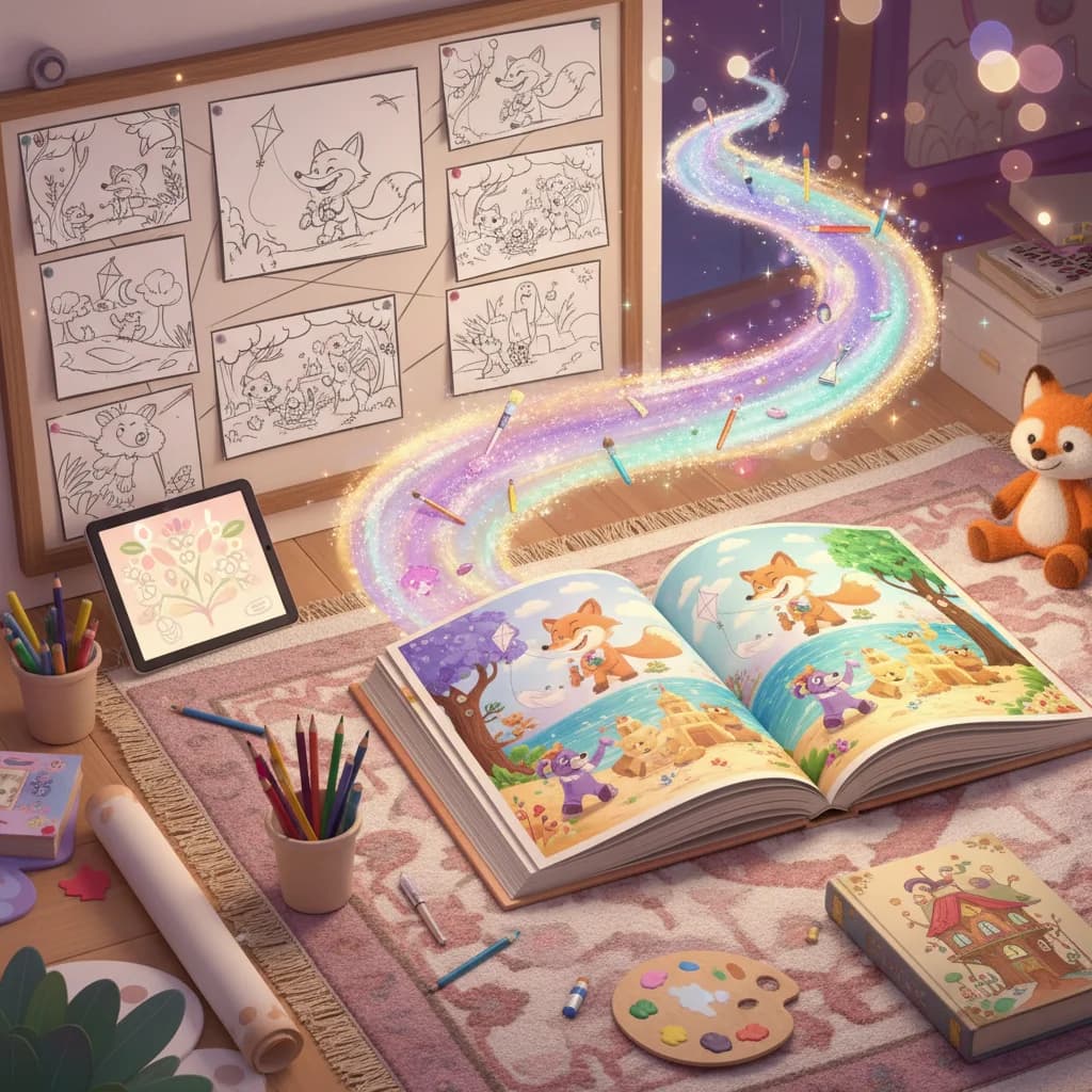 Storyboard layout transforming into a finished printed children's picture book with AI illustrations