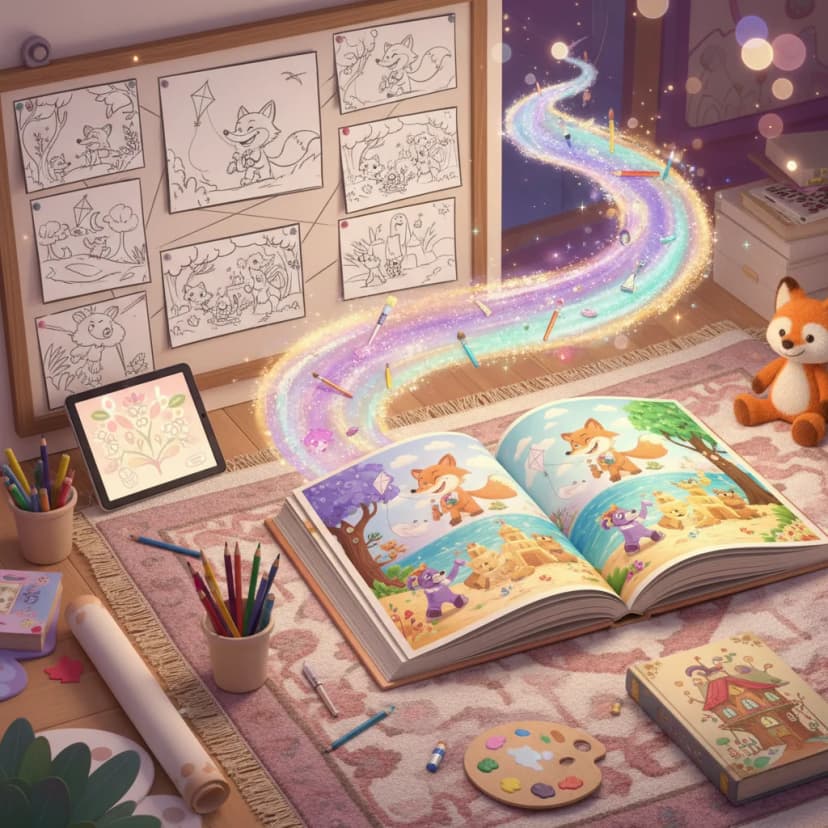 Storyboard layout transforming into a finished printed children's picture book with AI illustrations