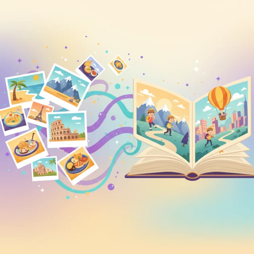 Family vacation photos transformed into an animated travel storybook with illustrated characters